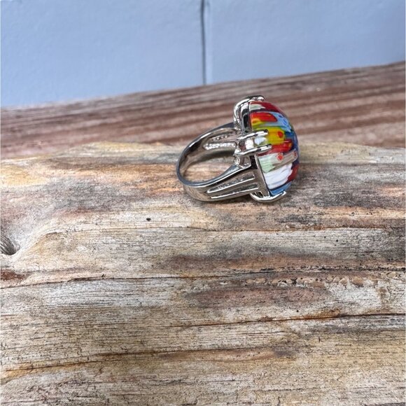 Colorful Millefiori Glass Ring With Silver-Tone Band Size 6 - Picture 5 of 10